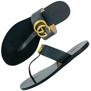 GUCCI Marmont GG Gold Logo Thong Strappy Summer Sandals Black Leather 36